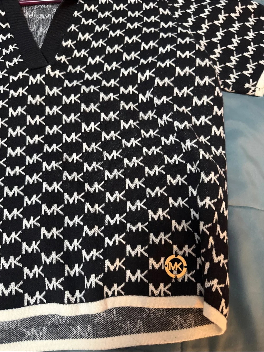 Michael Kors Black & White All-Over MK Logo Polo